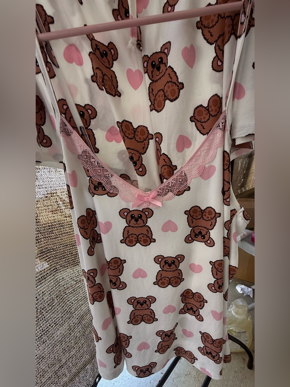 Pink Teddy-Print Women's Nightdress with Lace Trim